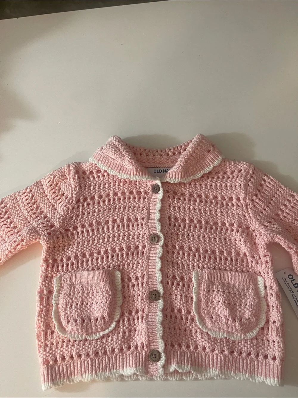 Old Navy Pink Crochet Cardigan with White Trim